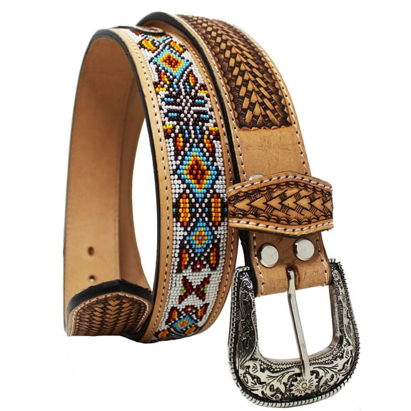 39-40  Unisex 1.5" Western Floral Tooled Beaded Full-Grain Leather Belt 26RT35B
