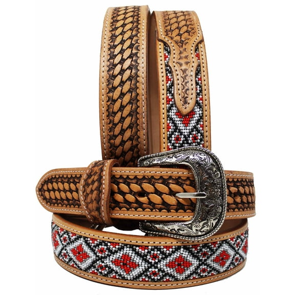 39-40  Unisex 1.5" Western Floral Tooled Beaded Full-Grain Leather Belt 26RT46B