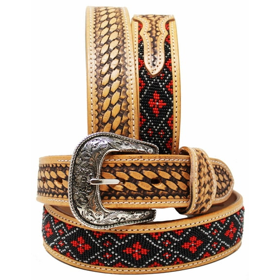 39-40  Unisex 1.5" Western Floral Tooled Beaded Full-Grain Leather Belt 26RT47B