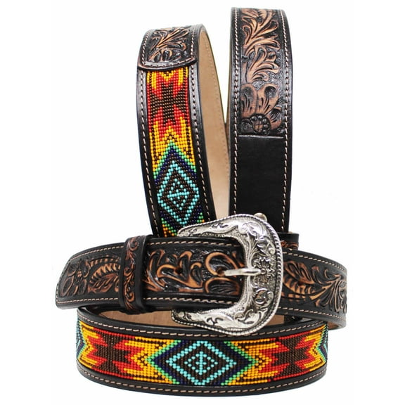 39-40  Western Antique Floral Tooled Beaded Full-Grain Leather Belt 26FK30