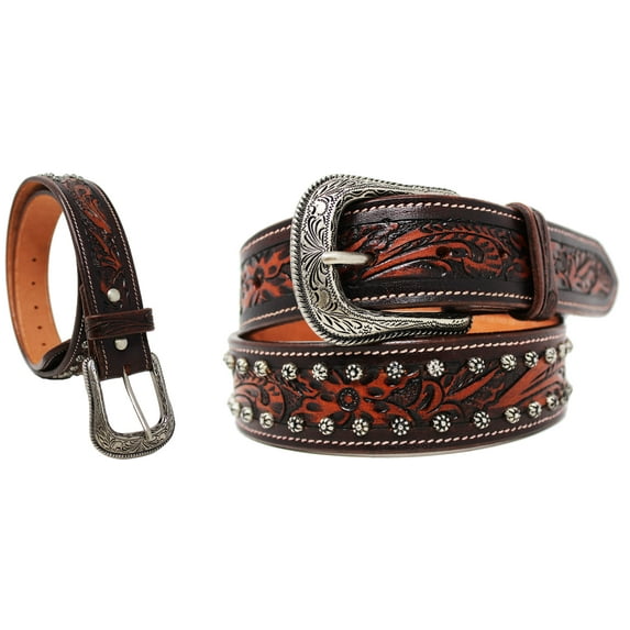 39-40 Western Heavy Duty Unisex Genuine Leather Floral Tooled Belt Brown 26JQ01