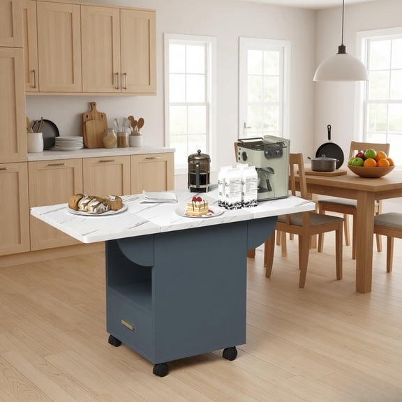 39.4in Folding Dining Table with 4 Wheels Drop Leaf Kitchen Table Movable End Table with Storage Rack 1 Drawer Space Saving Foldable Design for Living Room Apartment Small Space White Marble