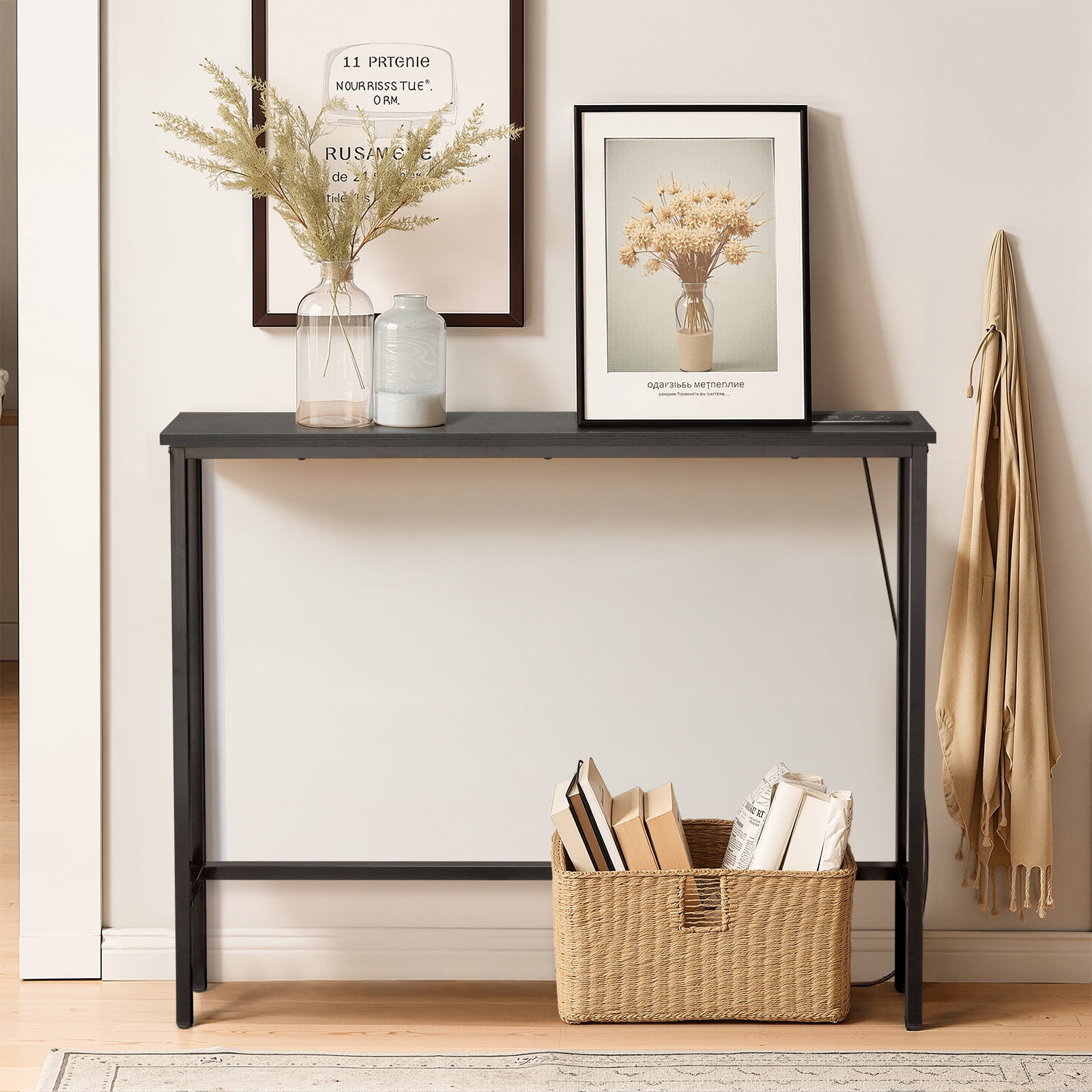 39.4in Narrow Console Sofa Table with Power Outlets and USB Ports, Skinny Couch Table with Metal Frame and Charge Station with 4.9ft Extension Cord, Black