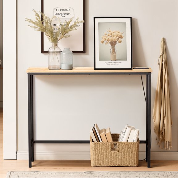39.4in Narrow Console Sofa Table with Power Outlets and USB Ports, Skinny Couch Table with Metal Frame and Charge Station with 4.9ft Extension Cord, Oak