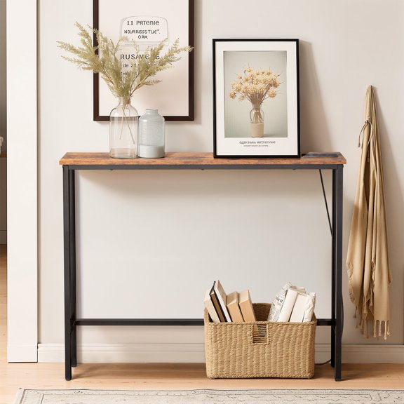 39.4in Narrow Console Sofa Table with Power Outlets and USB Ports, Skinny Couch Table with Metal Frame and Charge Station with 4.9ft Extension Cord, Rustic Brown