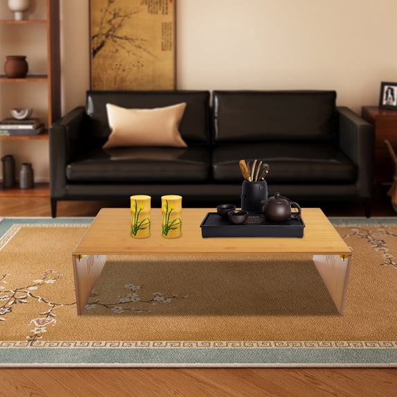 39.4x14.6in Foldable Bamboo Floor Table with Chinese Landscape Carving Tawny Finish, 22lbs Capacity for Tea, Meditation and Modern Home Decor