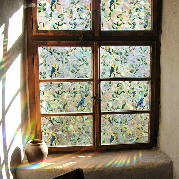39.4x16.9 Inch Bird on Branch Rainbow Window Privacy Film Green Leaves Plant Static Glass Cling 3D Non-Adhesive Sun Blocking Glass Sticker Stained Window Decals for Room Home