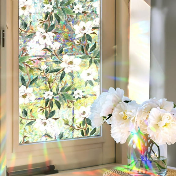 39.4x16.9 Inch Leaf Flower Window Privacy Film 3D Plastic Rainbow Non-Adhesive Stained Window Sticker Static Glass Cling Sun Blocking UV Proof Holographic Prism Decals for Room Home