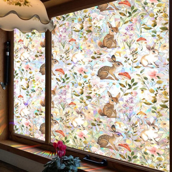 39.4x16.9 Inch Rainbow Window Privacy Film 3D Plastic Non-Adhesive Glass Sticker Deer Mushroom Flower Sun Blocking Static Glass Cling UV Proof Stained Decals for Room Home Red