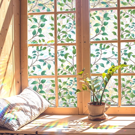 39.4x16.9 Inch Rainbow Window Privacy Film Green Leaves Plant Static Glass Cling 3D Plastic Non-Adhesive Sun Blocking Glass Sticker Stained