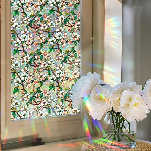 39.4x17 Inch Cherry Blossom Rainbow Window Privacy Film Pink Flower Sun Blocking Non-Adhesive Glass Cling Stained Window Decorative 3D Static UV Resistant Decals Sticker