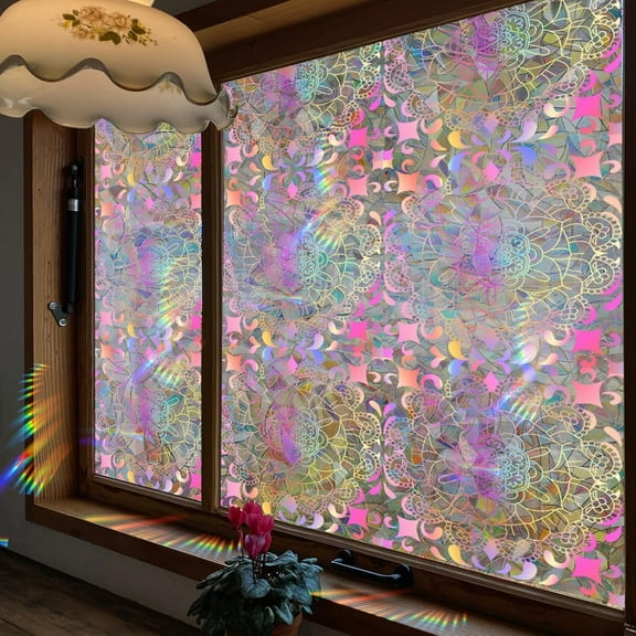 39.4x17 Inch Mandala Stained Window Glass Window Privacy Film 3D Rainbow Decorative Window Cling Decals Non-Adhesive Heat Control UV Sun Blocking Window Decals Sticker for Room Home