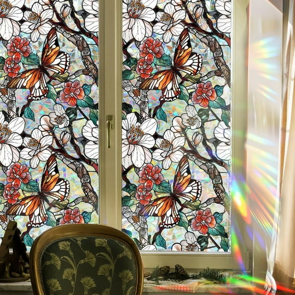 39.4x17 Inch White Flower Rainbow Window Privacy Film 3D Sun Stained Window Glass Decorative Blocking Window Cling Static UV Resistant Decals Non-Adhesive Reusable Sticker for Room Home