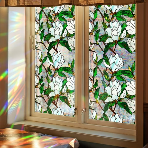 39.4x17 Inch White Flower Rainbow Window Privacy Window Cling 3D Stained Window Glass Decorative Sun Blocking Film Static UV Resistant Decals Non-Adhesive Reusable Sticker for Room Home