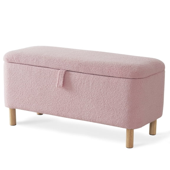 39.5" Boucle Storage Ottoman Bench for Living Room Bedroom Foot Rest End of Bed Wood Leg Light Pink