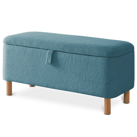39.5" Boucle Storage Ottoman Bench for Living Room Bedroom Foot Rest End of Bed Wood Leg Slate Blue