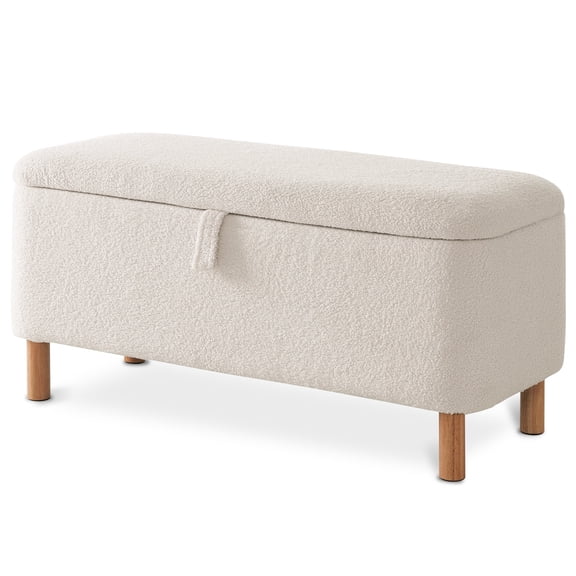 39.5" Boucle Storage Ottoman Bench with Wood Legs for Living Room Bedroom Foot Rest End of Bed, White