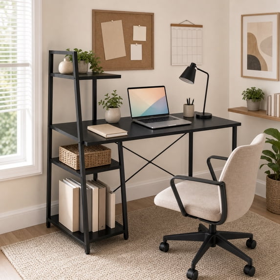39.5" Computer Desk with Shelves and 3-Tier Storage Bookshelf, Laptop PC Work Table Writing Desk for Small Spaces, Black
