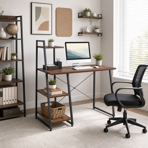 39.5" Computer Desk with Shelves and 3-Tier Storage Bookshelf, Laptop PC Work Table Writing Desk for Small Spaces, Brown