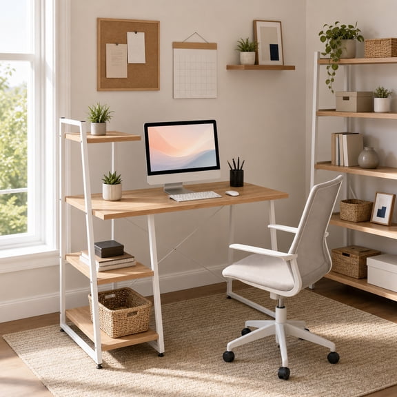 39.5" Computer Desk with Shelves and 3-Tier Storage Bookshelf, Laptop PC Work Table Writing Desk for Small Spaces, Natural