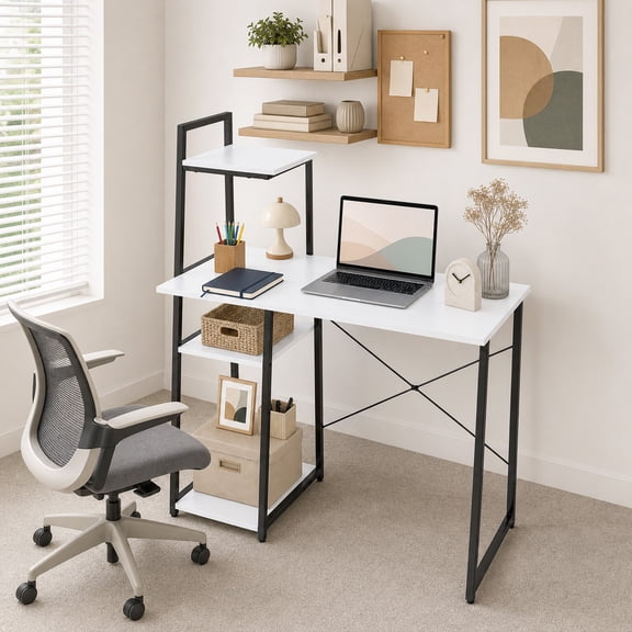 39.5" Computer Desk with Shelves and 3-Tier Storage Bookshelf, Laptop PC Work Table Writing Desk for Small Spaces, White