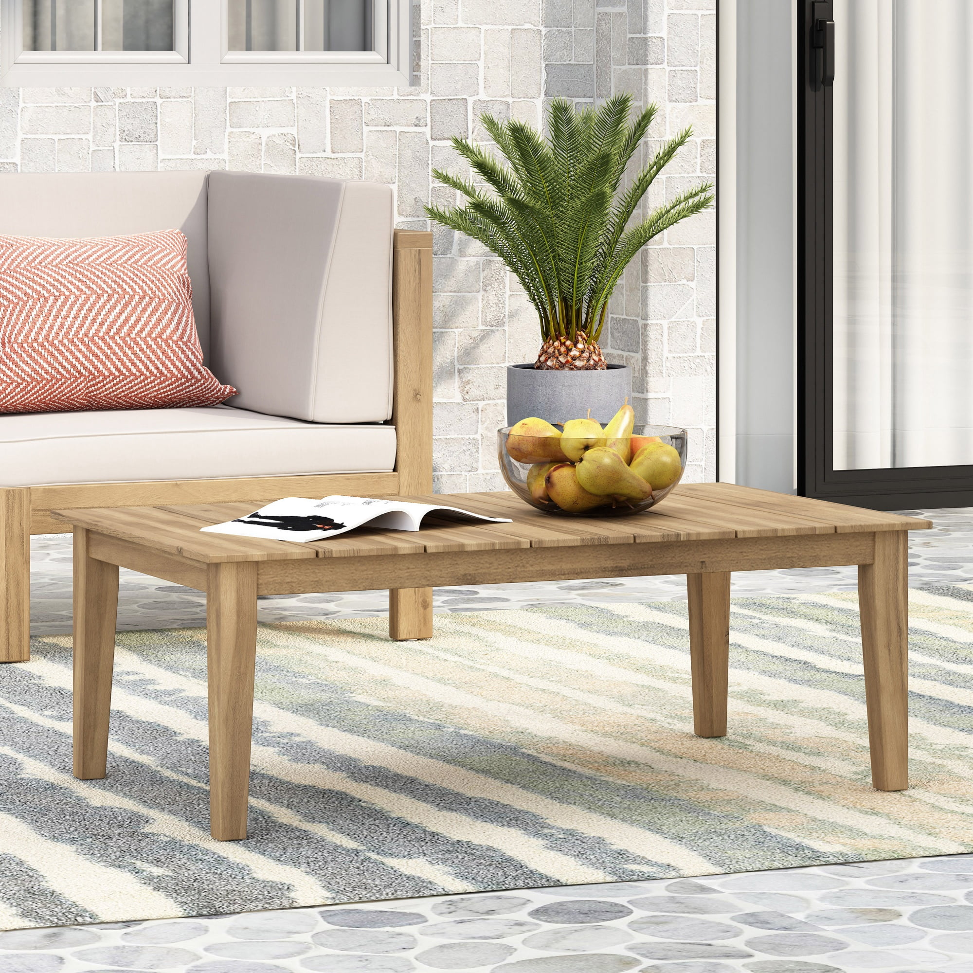 39.5-Inch Acacia Wood Outdoor Coffee Table with Slatted Top and Tapered Legs, Rustic Patio Table for Backyard, Light Brown