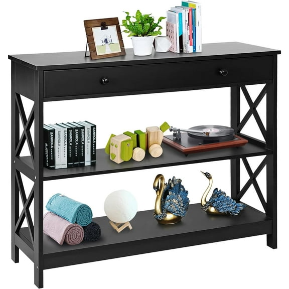 39.5 Inch Narrow Console Table, 3 Tier Entryway Table Sofa Side Table with Drawer and Storage Shelves for Hallway, Living Room, Bedroom, Stable X Frame Design, Black