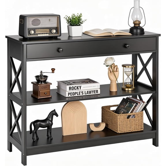 39.5 Inch Narrow Console Table, 3 Tier Entryway Table Sofa Side Table with Drawer and Storage Shelves for Hallway, Living Room, Bedroom, Stable X Frame Design, Black