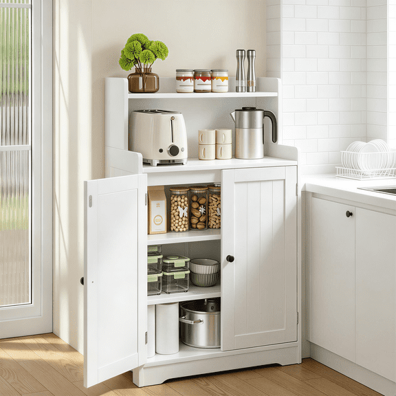 39.5" Kitchen Pantry Cabinet with Open Shelves & Double Doors, Floor Bathroom Storage Cabinet, Freestanding Accent Cabinet with 2 Adjustable Shelves for Home, Dining Room, White