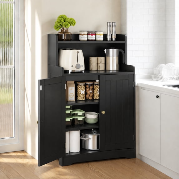 39.5" Kitchen Pantry Cabinet with Open Shelves & Double Doors, Floor Bathroom Storage Cabinet, Freestanding Accent Cabinet with 2 Adjustable Shelves for Home, Dining Room, Black