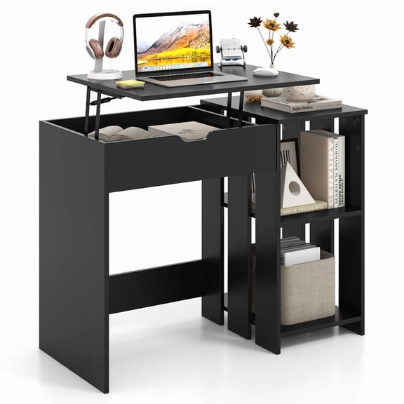 39.5 " Lift Top Computer Desk with Hidden Compartment and Open Storage Shelves, Home Office Desk for Small Spaces,Black