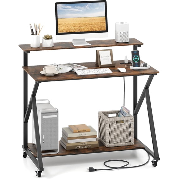 39.5" Mobile Computer Desk, Gaming Writing Table | Rolling Laptop Workstation w/Power Outlets, Lockable Wheels, Monitor Stand & Storage Shelf for Home Office Bedroom