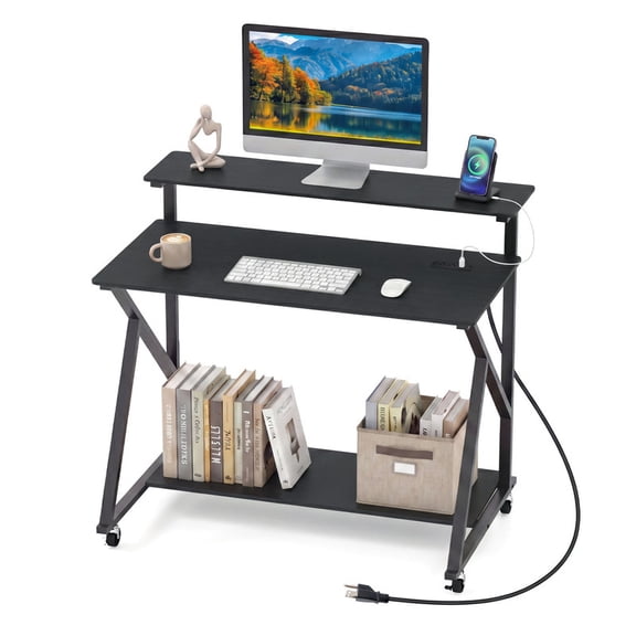 39.5" Mobile Computer Desk with Charging Station and Monitor Shelf, Rolling Home Office Desk for Small Spaces,Black