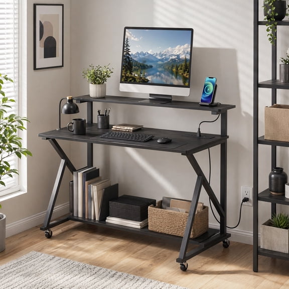 39.5" Mobile Computer Desk with Charging Station and Monitor Shelf, Rolling Home Office Desk for Small Spaces,Black