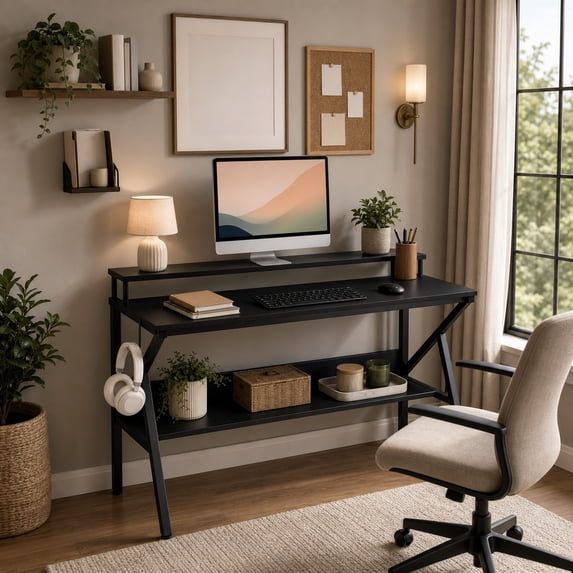 39.5 " Modern Computer Desk with Monitor Stand & Storage Shelf, Small Gaming Desk for Home Office,Black