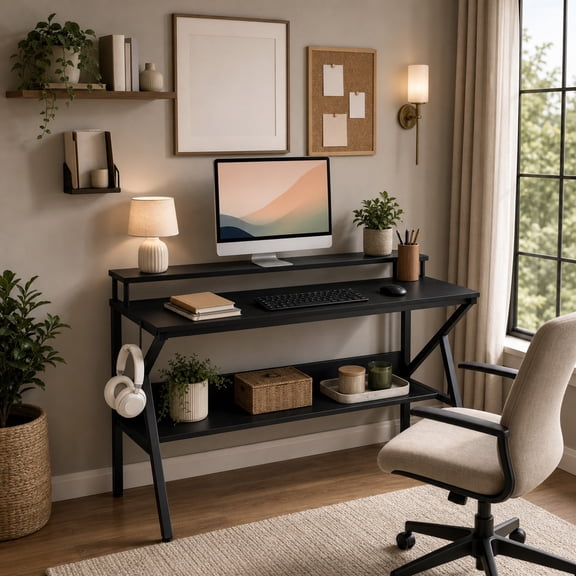 39.5 " Modern Computer Desk with Monitor Stand & Storage Shelf, Small Gaming Desk for Home Office,Black