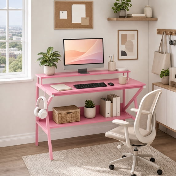 39.5 " Modern Computer Desk with Monitor Stand & Storage Shelf, Small Gaming Desk for Home Office,Pink
