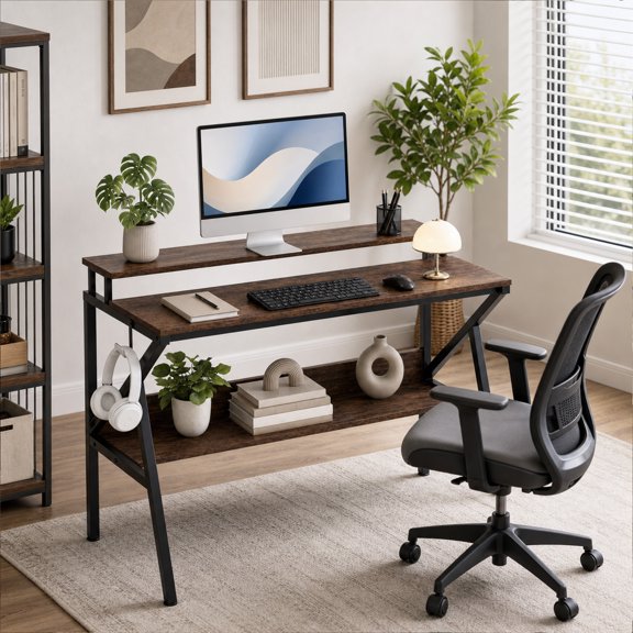 39.5 " Modern Computer Desk with Monitor Stand & Storage Shelf, Small Gaming Desk for Home Office,Rustic Brown