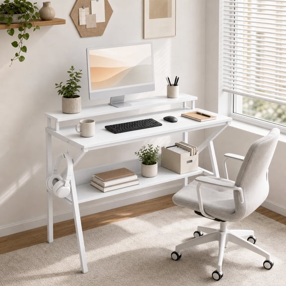 39.5 " Modern Computer Desk with Monitor Stand & Storage Shelf, Small Gaming Desk for Home Office,White