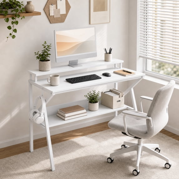 39.5 " Modern Computer Desk with Monitor Stand & Storage Shelf, Small Gaming Desk for Home Office,White