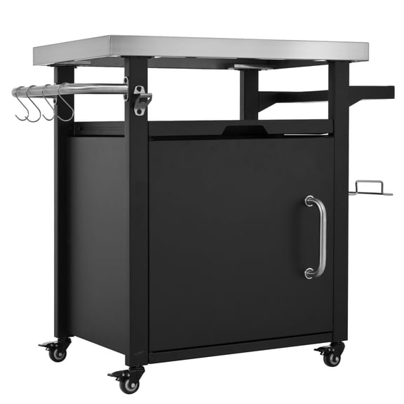 39.5" Outdoor Grill Cart with Storage Cabinet, Stainless Steel Top Pizza Oven Table BBQ Prep Station with Wheels 4 Lockable Casters, Spice & Paper Rack Waterproof 420D Cover Included