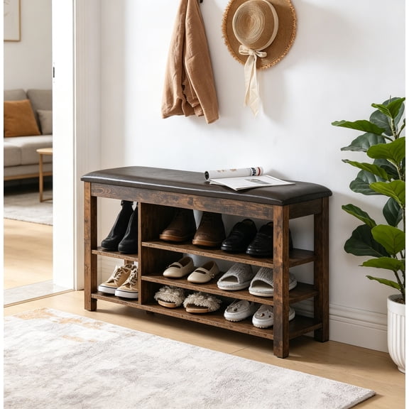 39.5" Shoe Bench with PU Leather Cushion, Wooden Shoe Rack with Hidden Storage Space, 3-Tier Shoe Storage Bench Height Adjustable for Entryway, Hallway, Bedroom, Vintage, 39.5"