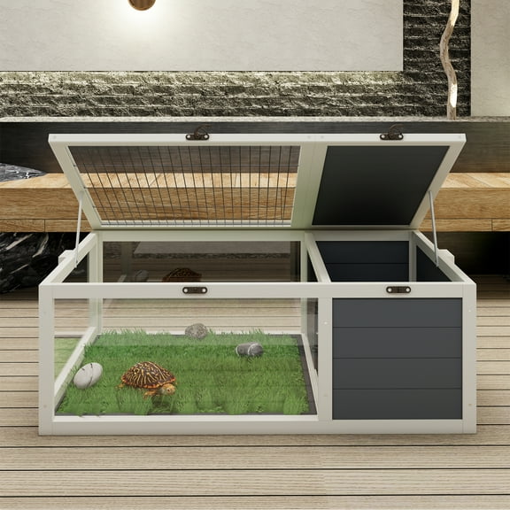 39.5Wood Tortoise House Indoor Turtle Habitat Reptile Cage for Small Animals Lizards, Geckos, with 2 Removable Waterproof Tray