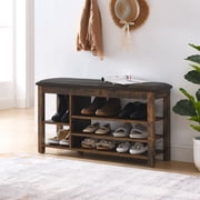 39.5" Wooden Shoe Bench, Rubberwood Shoe Rack Bench with PU Cushion and Large Storage Compartments,100% Solid Wood Entryway Bench for Entry, Hallway, Living Room, Bedroom, Closet