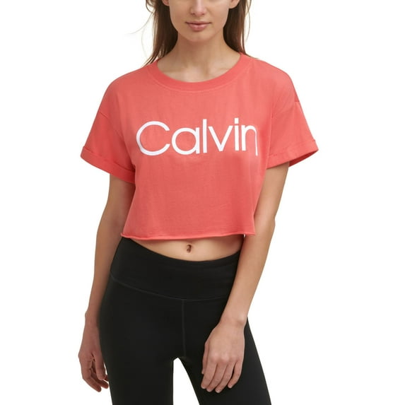 $39.50 Calvin Klein Women's Short Sleeve Rolled Cuff Cropped Top, Orange, L