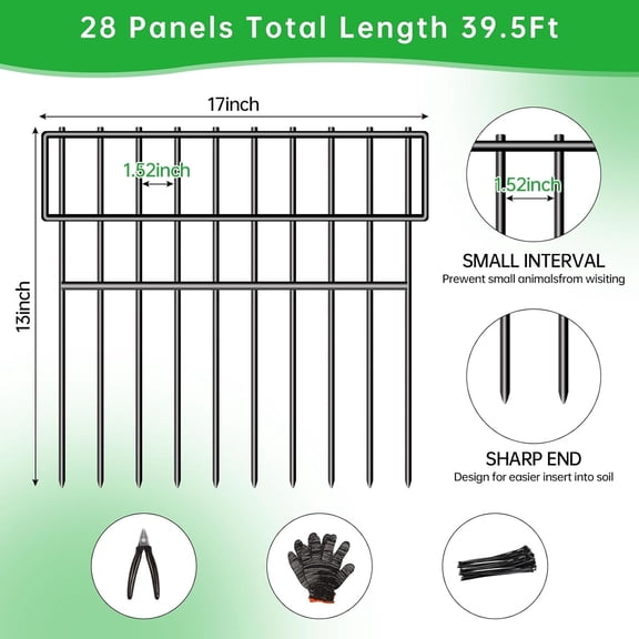 39.5ft(L) X 13in(H) Animal Barrier Fence, 28 Panels No Dig Fence for Dogs, 1.52IN Gap Anti Digging Dog Barrier, Rustproof Metal Garden Edging Border Defense for Outdoor, Yard, Lawn