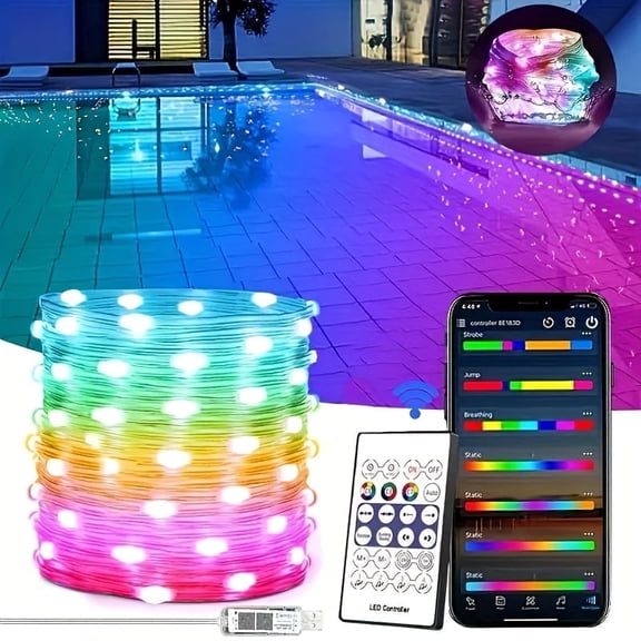 RGB+IC LED Fairy Lights - Wireless App Controlled with Music Sync and Color Changing, IP65 Waterproof Powered by USB, Adjustable String Lights for Indoor/Outdoor Pool, Parties, Weddings