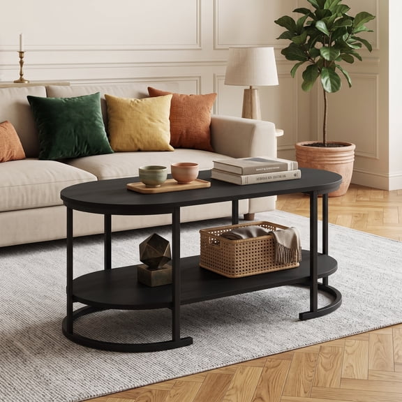 39.7" 2-Tier Oval Coffee Table, Modern Wood Accent Table with Storage Shelf for Living Rooms, Apartments,Black