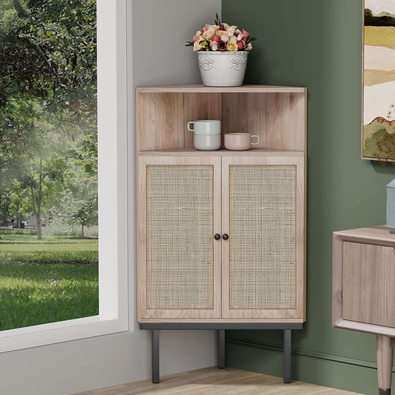39.7" Corner Storage Cabinet with Adjustable Shelf and Rattan Doors, Small Boho Corner Shelf Stand with Open Storage, Freestanding Cabinet for Bathroom, Living Room/Metal Legs/Natural Oak