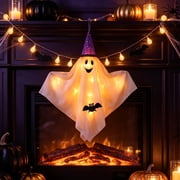 39.7 Inch Cute Hanging Ghosts with Witch Hats, Flying White Smile Ghost with Black Bat Pattern, Cute Outdoor Hallowee Decor for Porch, Tree, Yard, Window, Garden